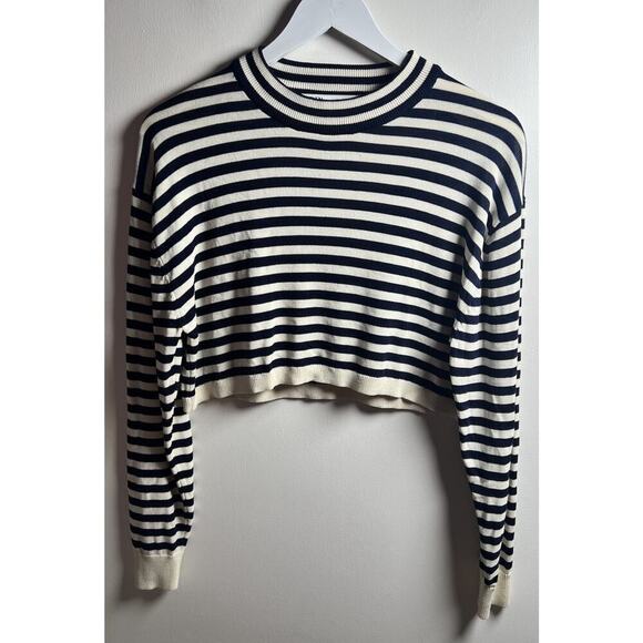 Zara Womens Navy Striped Nautical Long Sleeve Size Small Knit Crop Sweater EUC - Picture 6 of 14